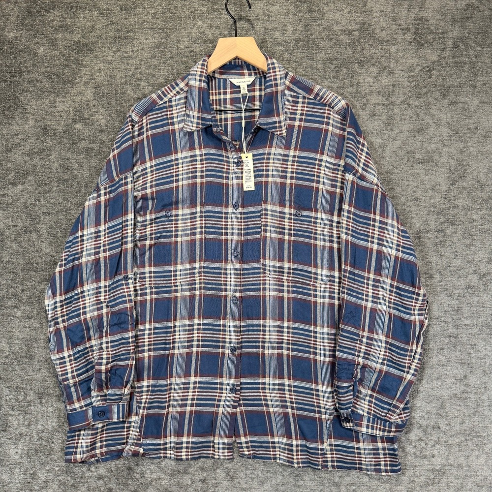 Max Studio Plaid Button Up Shirt Rayon‎ Blue Burgundy Womens XL